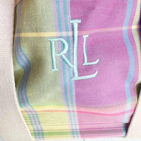 Ralph Lauren Woven Plaid Pastel Fabric Detail Small Basket Tote - Picture 7 of 8
